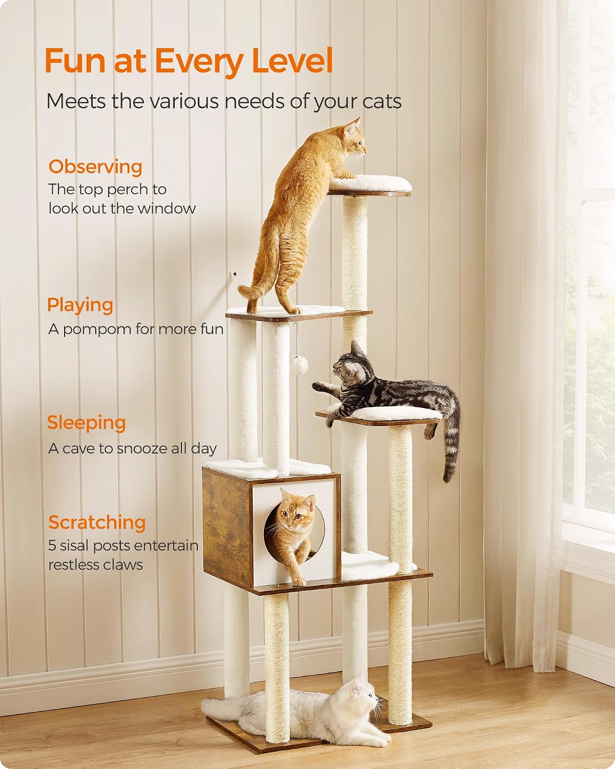 Feandrea Cat Tree, 64.6-Inch Modern Cat Tower, Multi-Level Condo with 5 Scratching Posts, Perch, Washable Removable Cushions, Cave, Rustic Brown UPCT166X01