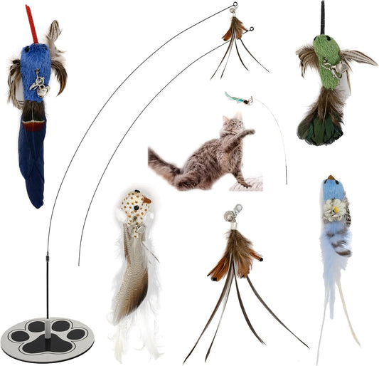 Interactive Bird Simulation Cat Toy Set for Bored Indoor Adult Cats Feather Toy Wand 5 Pcs Natural Bird Feathers Stable Round Base Wand Cat Toys for Indoor Cats Hunting Toys