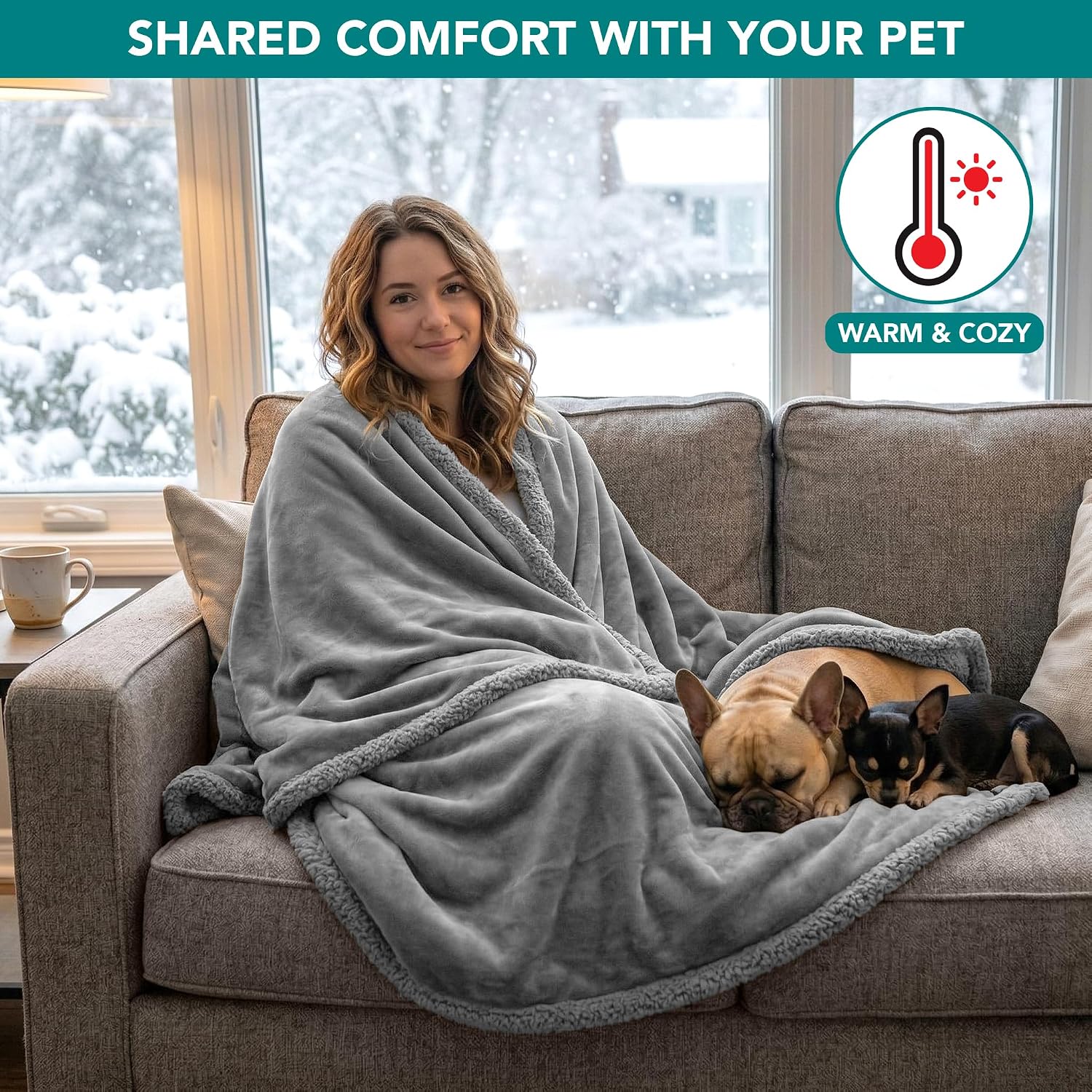 PetAmi Waterproof Dog Blanket for Couch, Queen 90x90, Pee Proof Sherpa Fleece Reversible Pet Throw, Furniture Protector for Bed Sofa, Soft Washable Cover for Large Dogs Cats, Light Grey