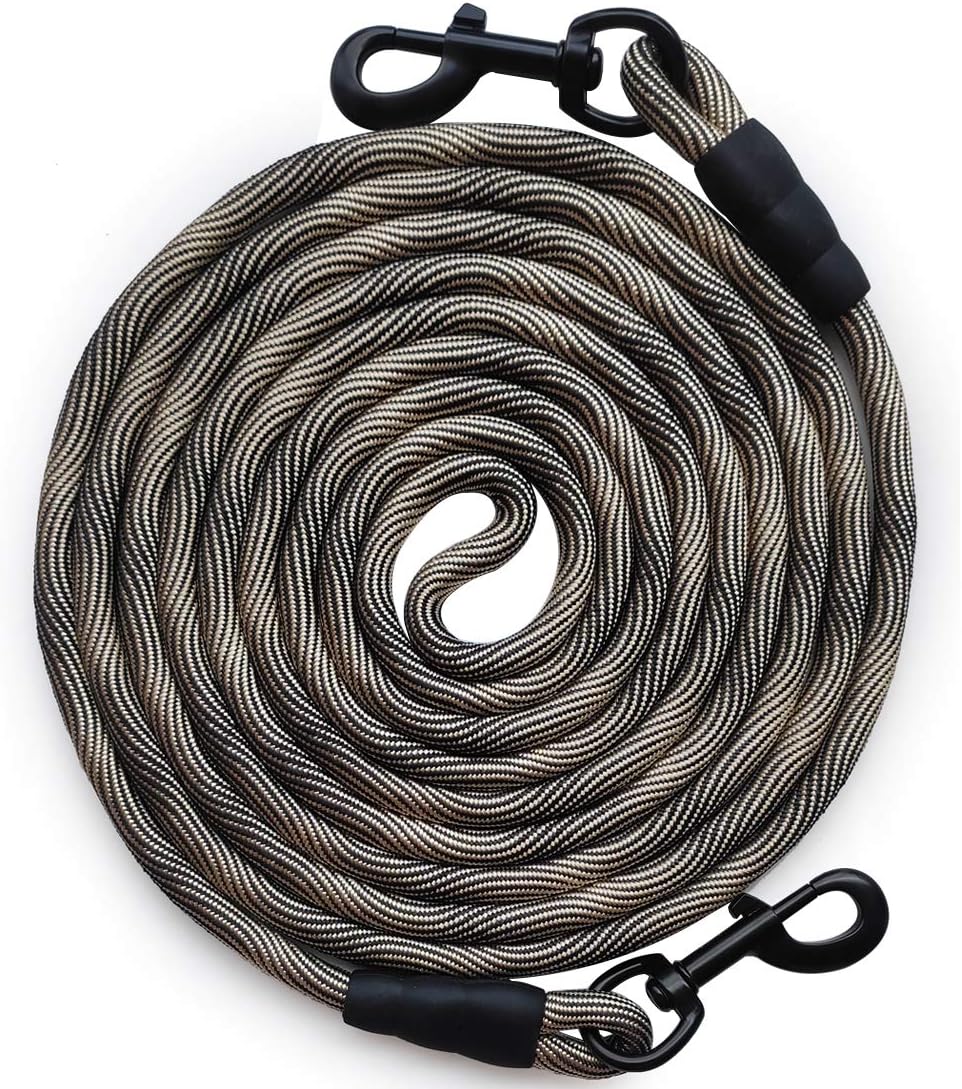 BTINESFUL Tie-Out Check Cord Long Rope Dog Tether, 8ft 12ft 20ft 30ft 50ft Dog Lead for Yard, Large Medium Dogs Oudoor Training, Playing, Camping, or Backyard (30ft, Beige Black)