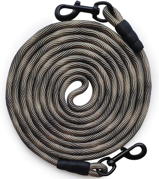 BTINESFUL Tie-Out Check Cord Long Rope Dog Tether, 8ft 12ft 20ft 30ft 50ft Dog Lead for Yard, Large Medium Dogs Oudoor Training, Playing, Camping, or Backyard (30ft, Beige Black)