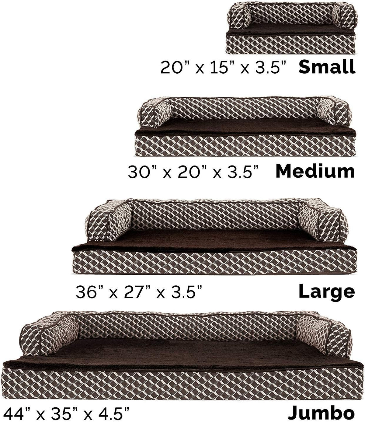 Furhaven Orthopedic Dog Bed for Medium/Small Dogs w/ Removable Bolsters & Washable Cover, For Dogs Up to 35 lbs - Plush & Woven Decor Comfy Couch Sofa - Diamond Brown, Medium