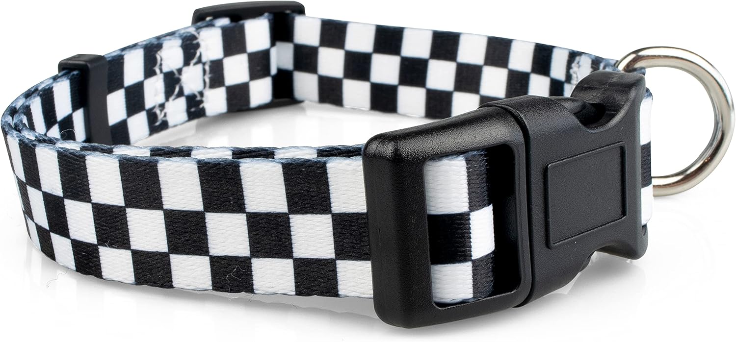 Checkered Pattern Dog Collar in Black & White - Adjustable Dog Collar for Boy and Girl Dogs with Quick Release Buckle by Limeloot, Small