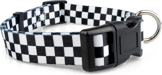 Checkered Pattern Dog Collar in Black & White - Adjustable Dog Collar for Boy and Girl Dogs with Quick Release Buckle by Limeloot, Small