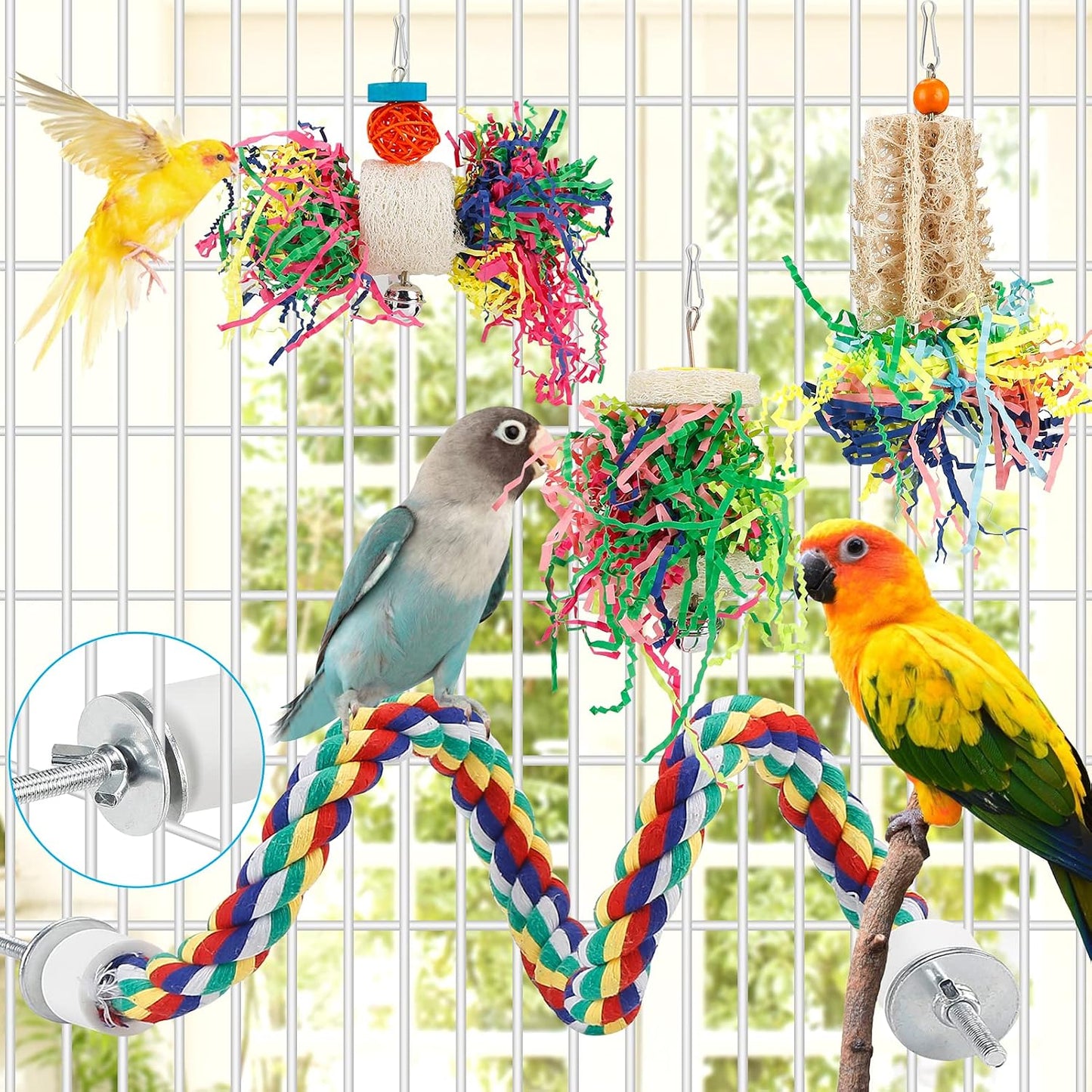 Bird Shredding Foraging Toys Parakeet Toy Chewing Hanging Toy Shredded Paper Bird Cage Accessories Bird Rope Perch for Conure Cockatiel Budgies Lovebird Parrotlet