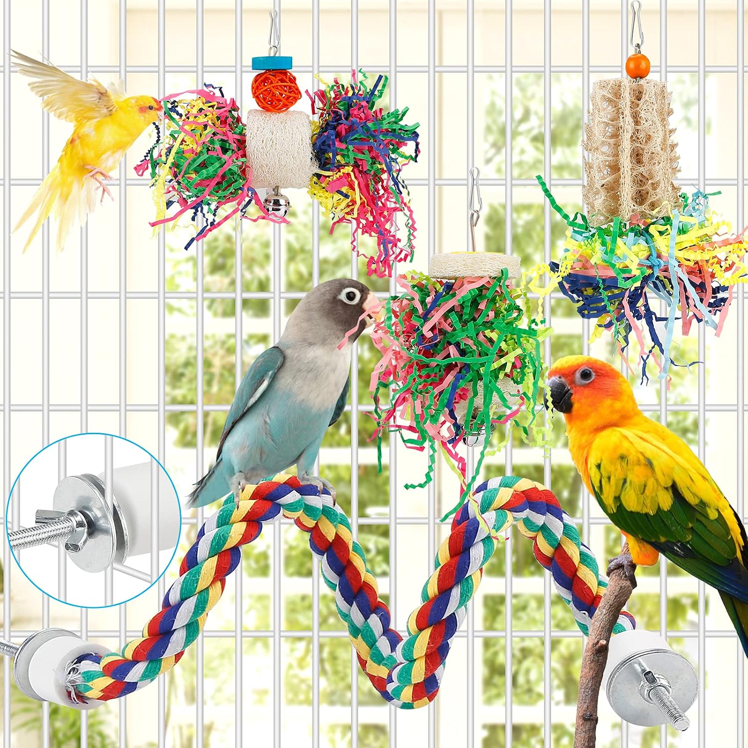 Bird Shredding Foraging Toys Parakeet Toy Chewing Hanging Toy Shredded Paper Bird Cage Accessories Bird Rope Perch for Conure Cockatiel Budgies Lovebird Parrotlet