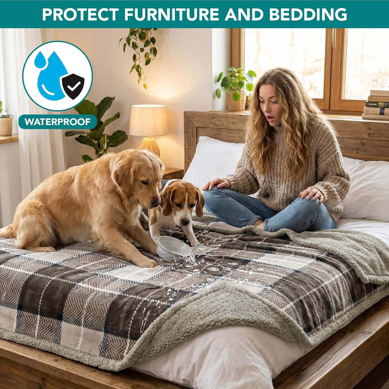 PetAmi Waterproof Dog Blanket for Couch, Extra Large 80x60, Pee Proof Sherpa Fleece Reversible Pet Throw, Furniture Protector for Bed Sofa Crate Kennel, Soft Washable Cover for Dogs, Plaid Taupe