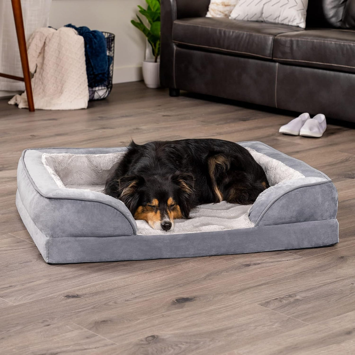 FurHaven Soft, Orthopedic Foam Perfect Comfort Dog Bed with Washable & Removable Cover -Velvet Waves - Granite Gray, Dogs Up to 55 lbs - Large