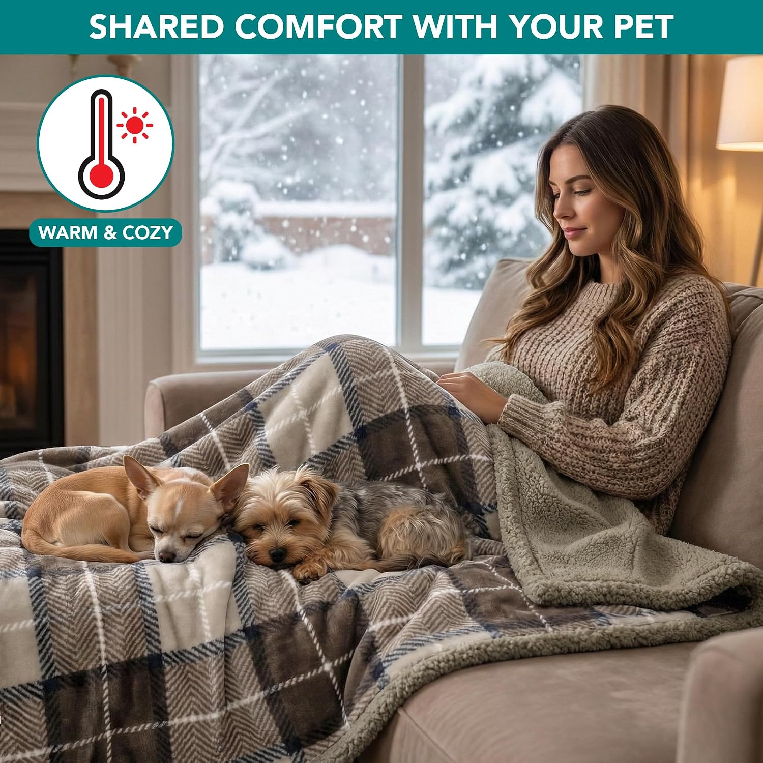 PetAmi Waterproof Dog Blanket for Couch, Extra Large 80x60, Pee Proof Sherpa Fleece Reversible Pet Throw, Furniture Protector for Bed Sofa Crate Kennel, Soft Washable Cover for Dogs, Plaid Taupe