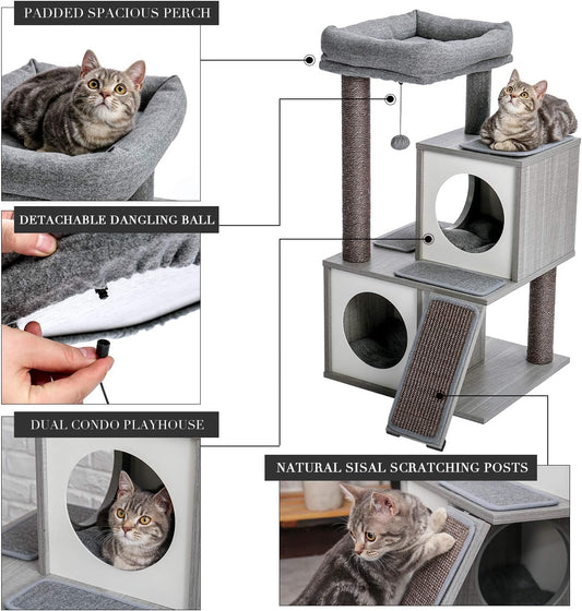 PAWZ Road Cat Tree 35 Inches Wooden Cat Tower with Double Condos, Spacious Perch, Fully Wrapped Scratching Sisal Posts and Replaceable Dangling Balls-Gray