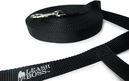 Leashboss Extra Long Dog Leash - Long Lead Leash for Dog Training - Recall Leash for Dogs Outside 30 Foot Black