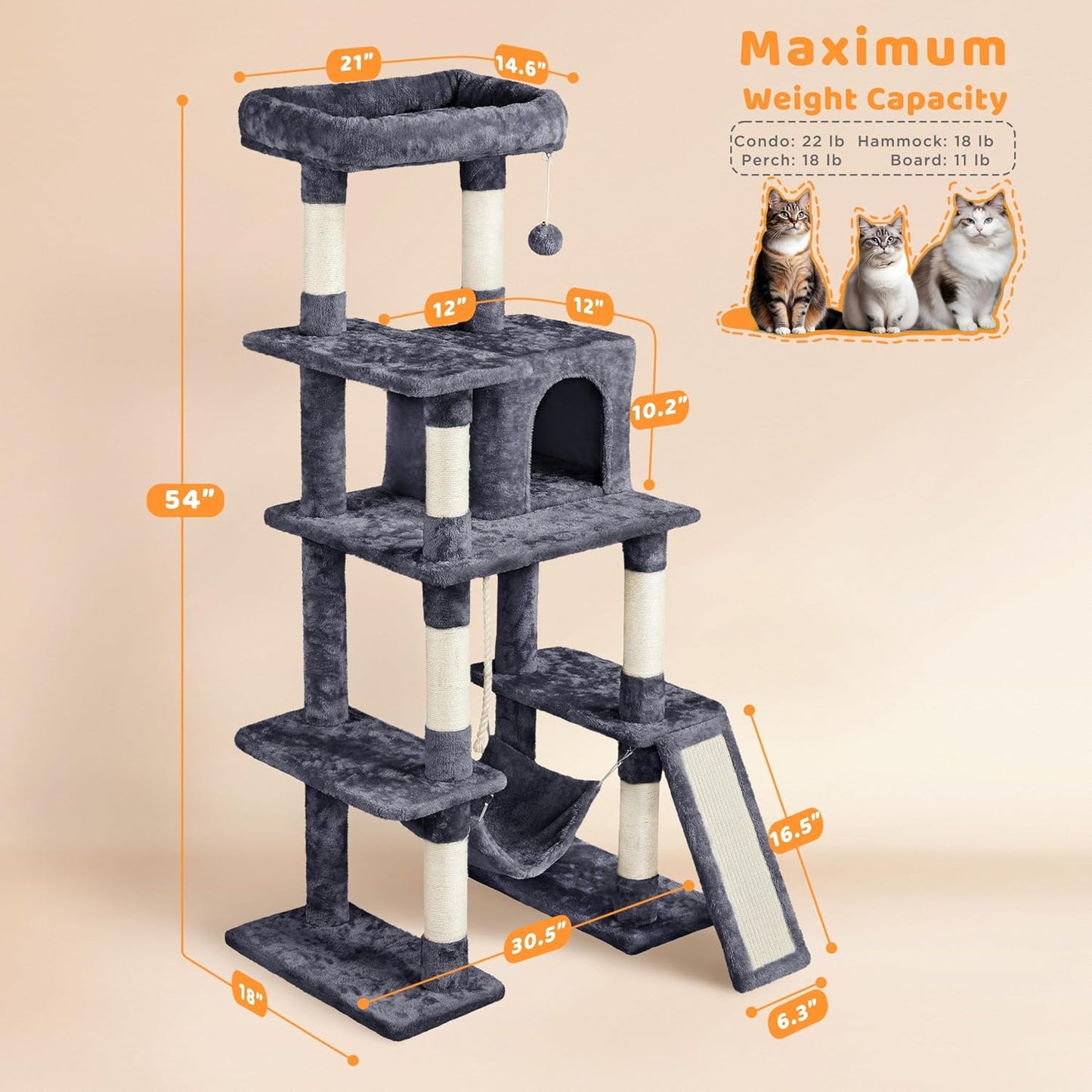 Yaheetech 54in Cat Tree Tower, Multi-Level Pet Stand Furniture with Hammock Scratching Posts Condo Extended Platform for Indoor Cats Large to Play and Sleep