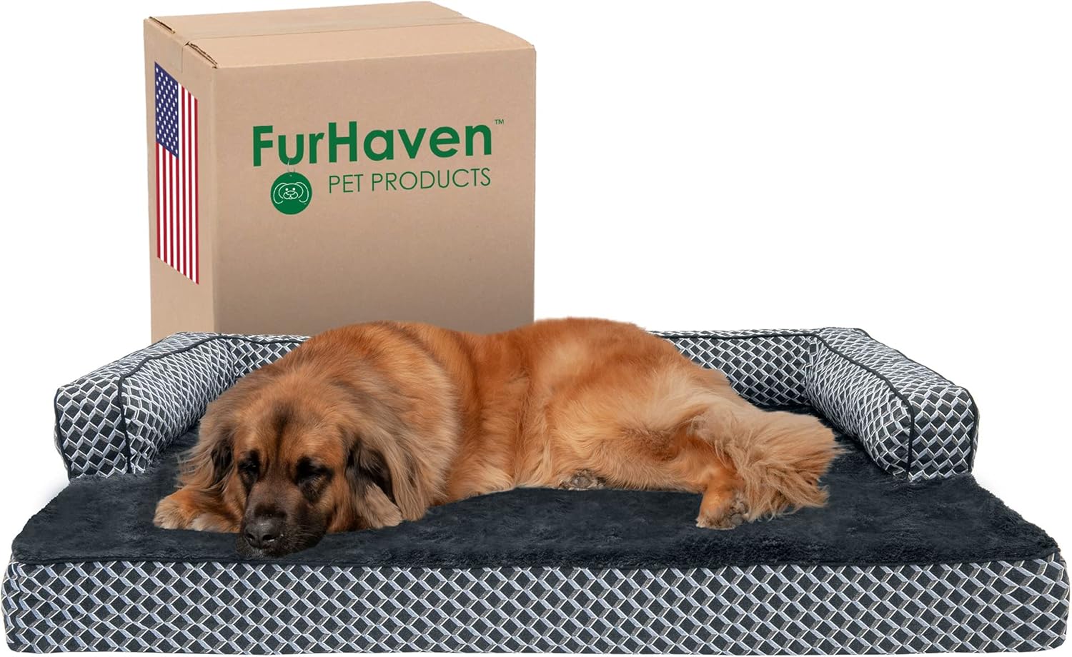 Furhaven Cooling Gel Dog Bed for Large Dogs w/ Removable Bolsters & Washable Cover, For Dogs Up to 125 lbs - Plush & Woven Decor Comfy Couch Sofa - Diamond Gray, Jumbo Plus/XXL