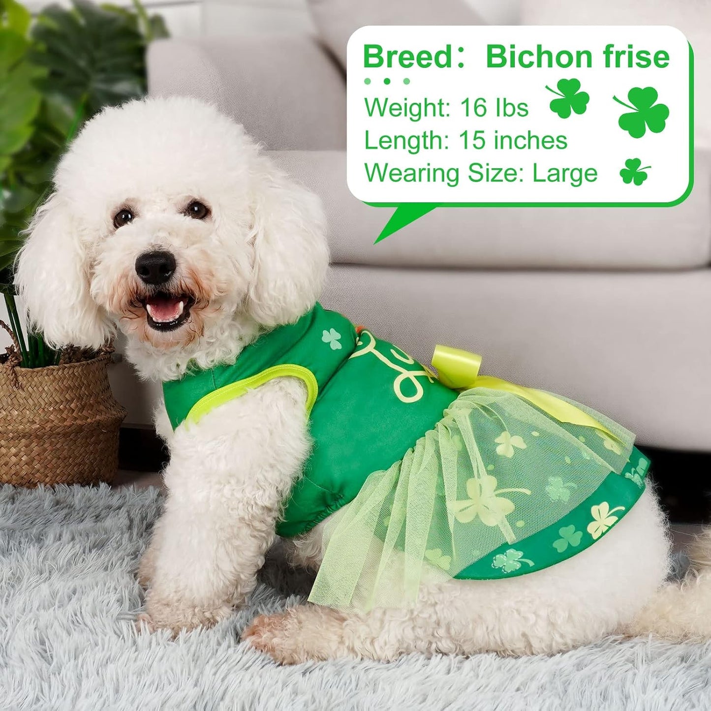 cyeollo St. Patrick's Day Dog Dress Lucky Shamrock Dog Tulle Skirt with Bowtie for Small Dogs Puppy