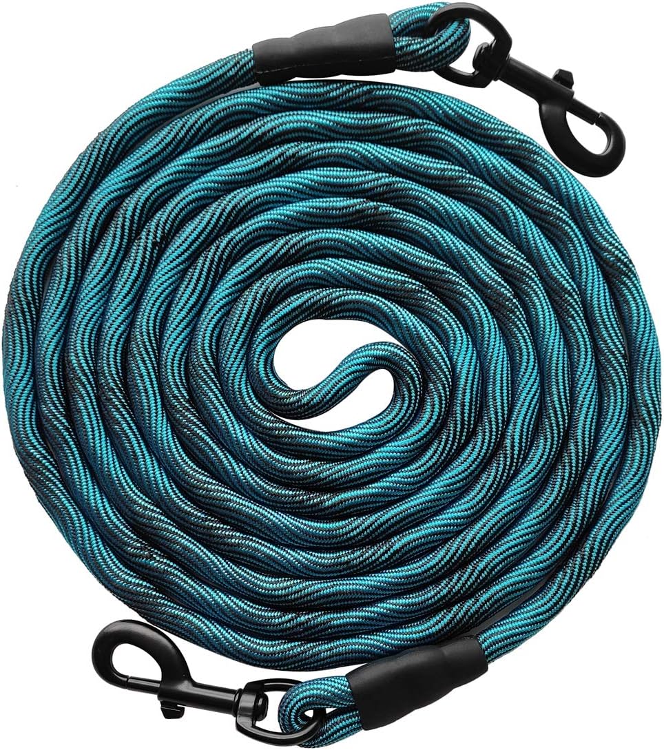 BTINESFUL Tie-Out Check Cord Long Rope Dog Leash, 8ft 12ft 20ft 30ft 50ft Recall Training Dog Lead- Great for Large Medium Small Dogs Training, Playing, Camping, or Backyard (30ft, Blue Black)