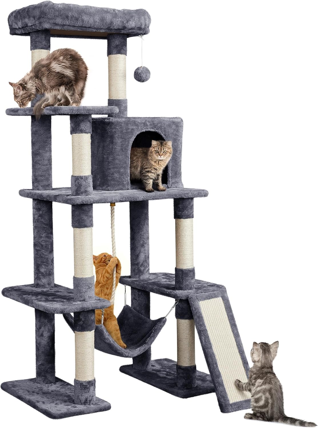 Yaheetech 63in Large Cat Tree for Heavy Cats up to 22lbs, Anti-Wobble Tower with Condo & Hammock, Space-Saving for Indoor Multi-Pet Households, Stops Furniture Scratching