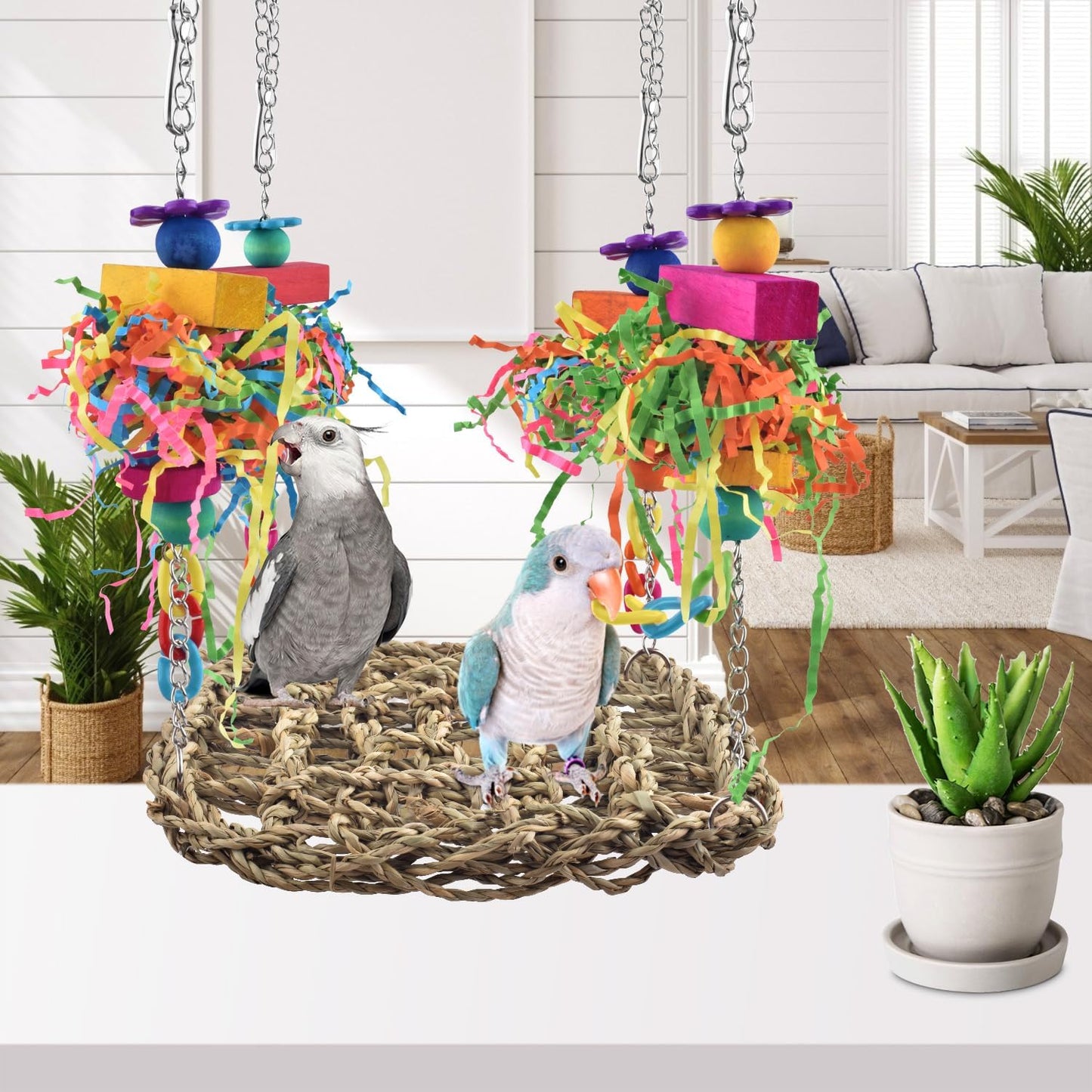 KATUMO Conure Toys, Bird Grass Swing Mat Parrot Climbing Hammock with Colorful Toys for Parakeet, Cockatiel, Sun Conure, Lovebird, Budgie, Small Birds