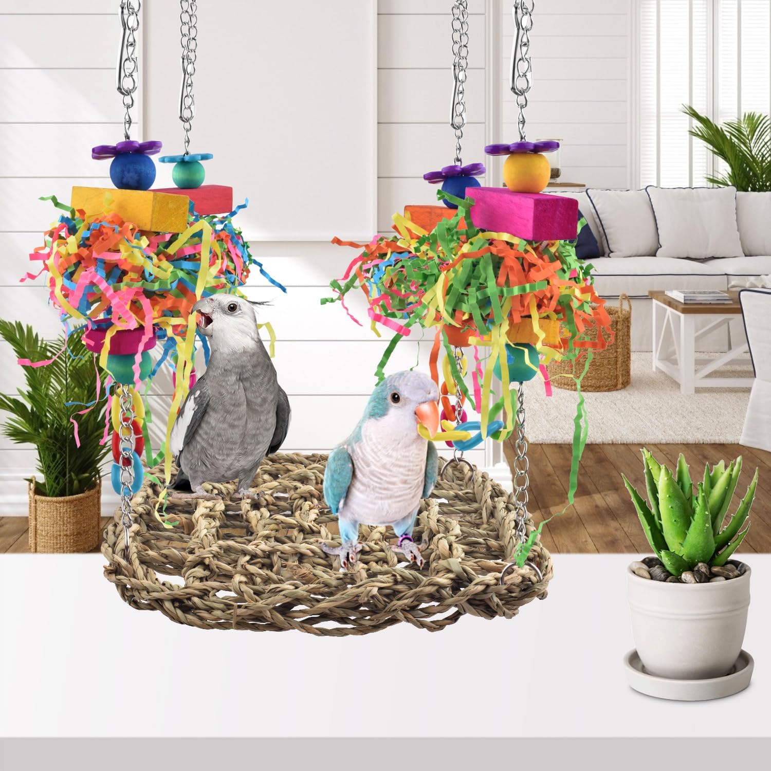 KATUMO Conure Toys, Bird Grass Swing Mat Parrot Climbing Hammock with Colorful Toys for Parakeet, Cockatiel, Sun Conure, Lovebird, Budgie, Small Birds