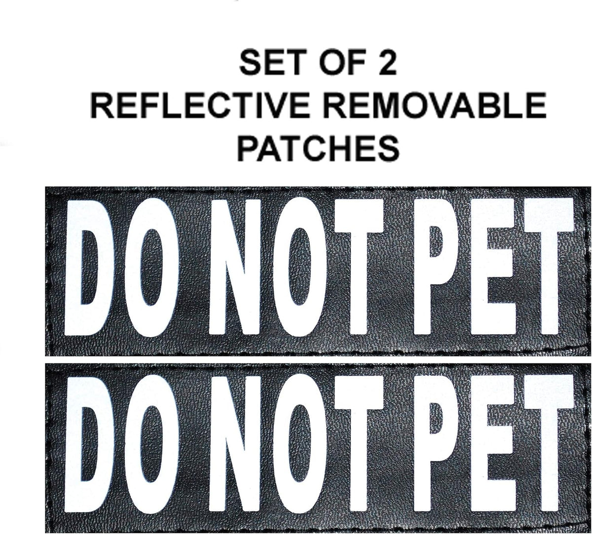 DO NOT PET Dog Vest Harness with Removable Patches and Reflective Trim. Comes with 2 DO NOT PET Reflective Removable Patches. Please Measure Dogs Girth Before Purchase