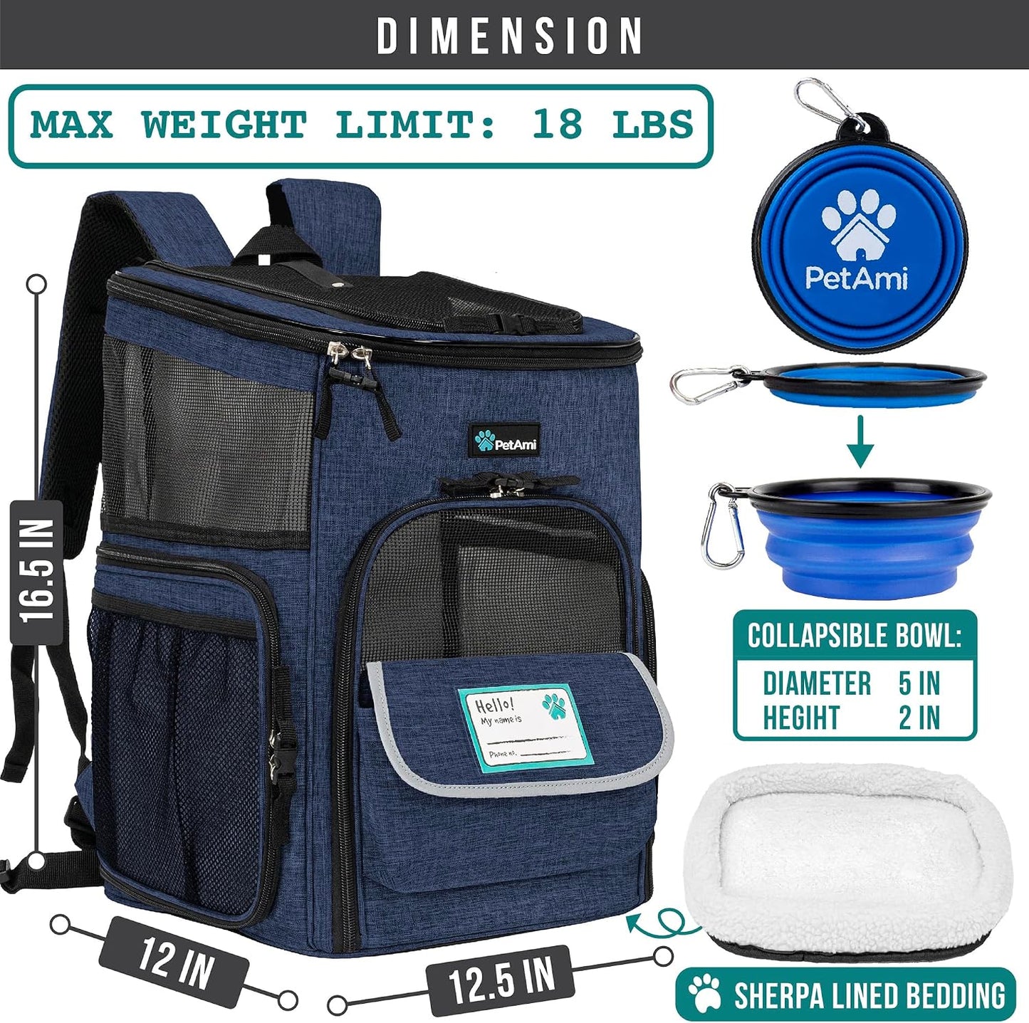 PetAmi Dog Backpack Carrier, Airline Approved 4-Way Entry Cat Backpack Carrier, Ventilated Mesh, Collapsible Pet Carrier for Small Puppy, Kitten, Hiking, Travel Car, Vet, up to 18 lbs, Navy Blue