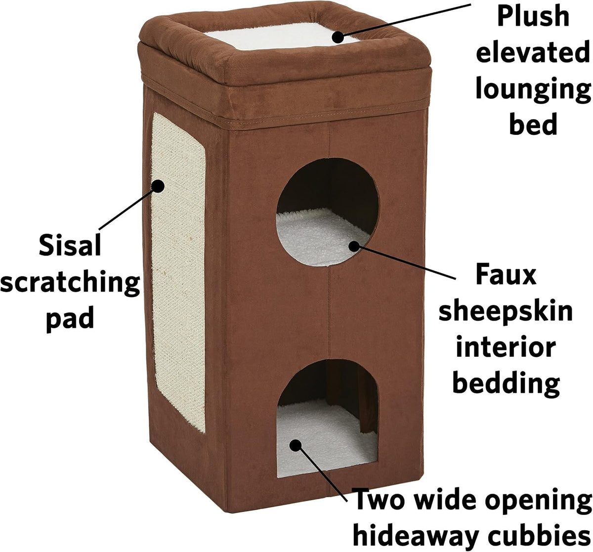 MidWest Homes for Pets Feline Nuvo Curious Cat Condo, Tri-Level Cat Tree, Faux Brown Suede with Hideaways, Bed Top & Sisal Scratch Panel, for Multiple Cats