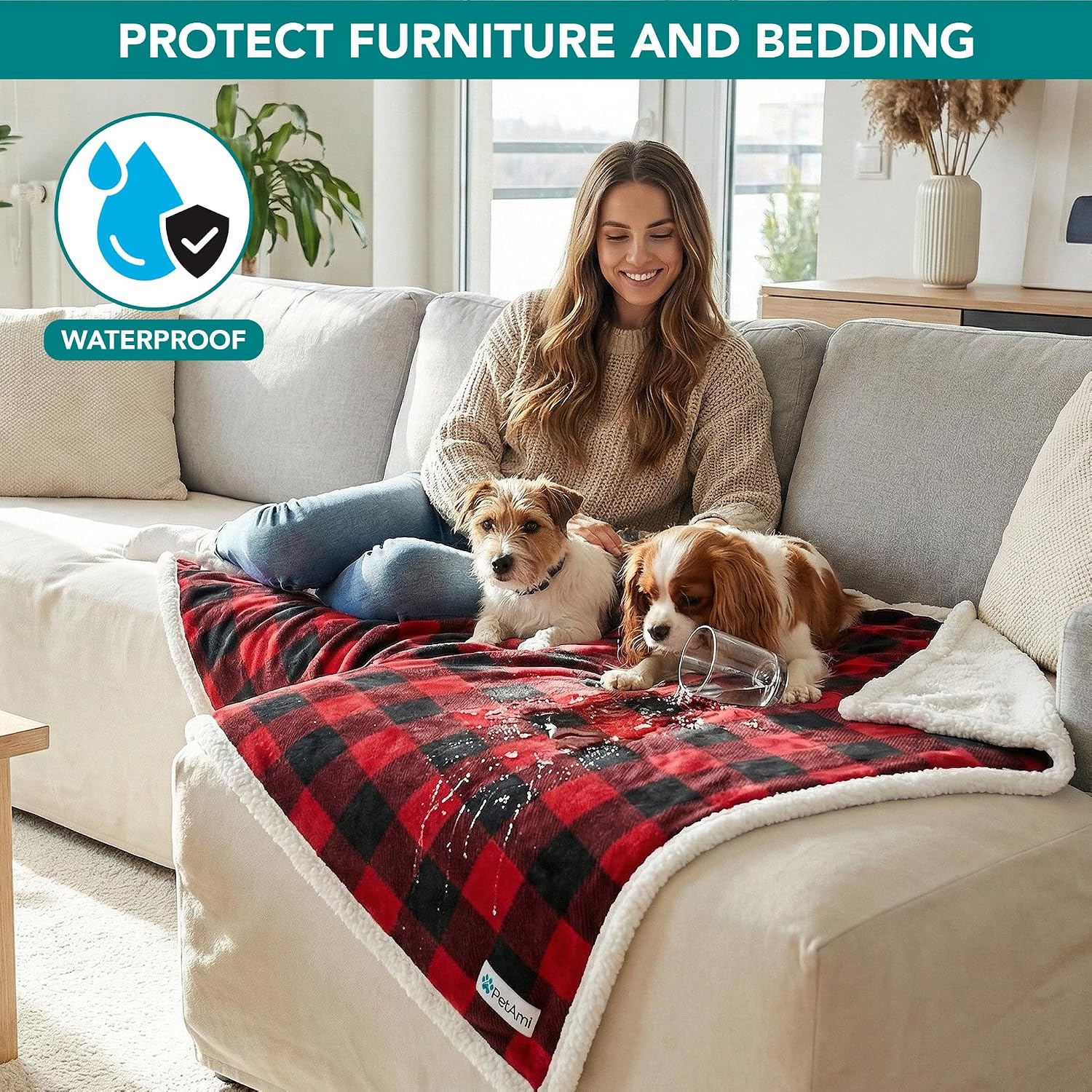 PetAmi Waterproof Dog Blanket for Couch, Extra Large 80x60, Pee Proof Sherpa Fleece Reversible Pet Throw, Furniture Protector for Bed Sofa Crate Kennel, Soft Washable Cover for Dog Cat, Plaid Red
