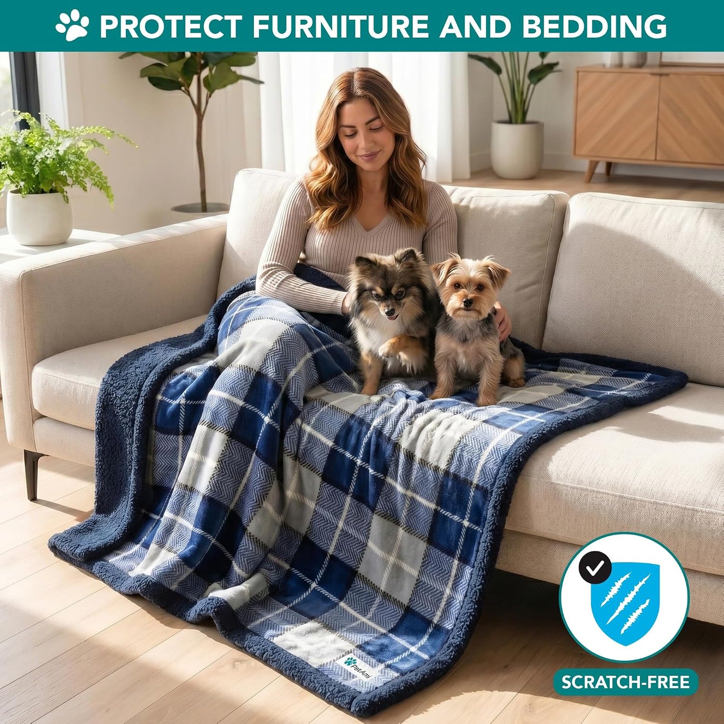 PetAmi Dog Blanket for Medium Large Dogs and Pets, Soft Sherpa Fleece Pet Blanket for Cats Puppies, Reversible Plush Couch Cover Protector Sofa Bed Car Seat, Machine Washable, 80x60, Plaid Navy Blue