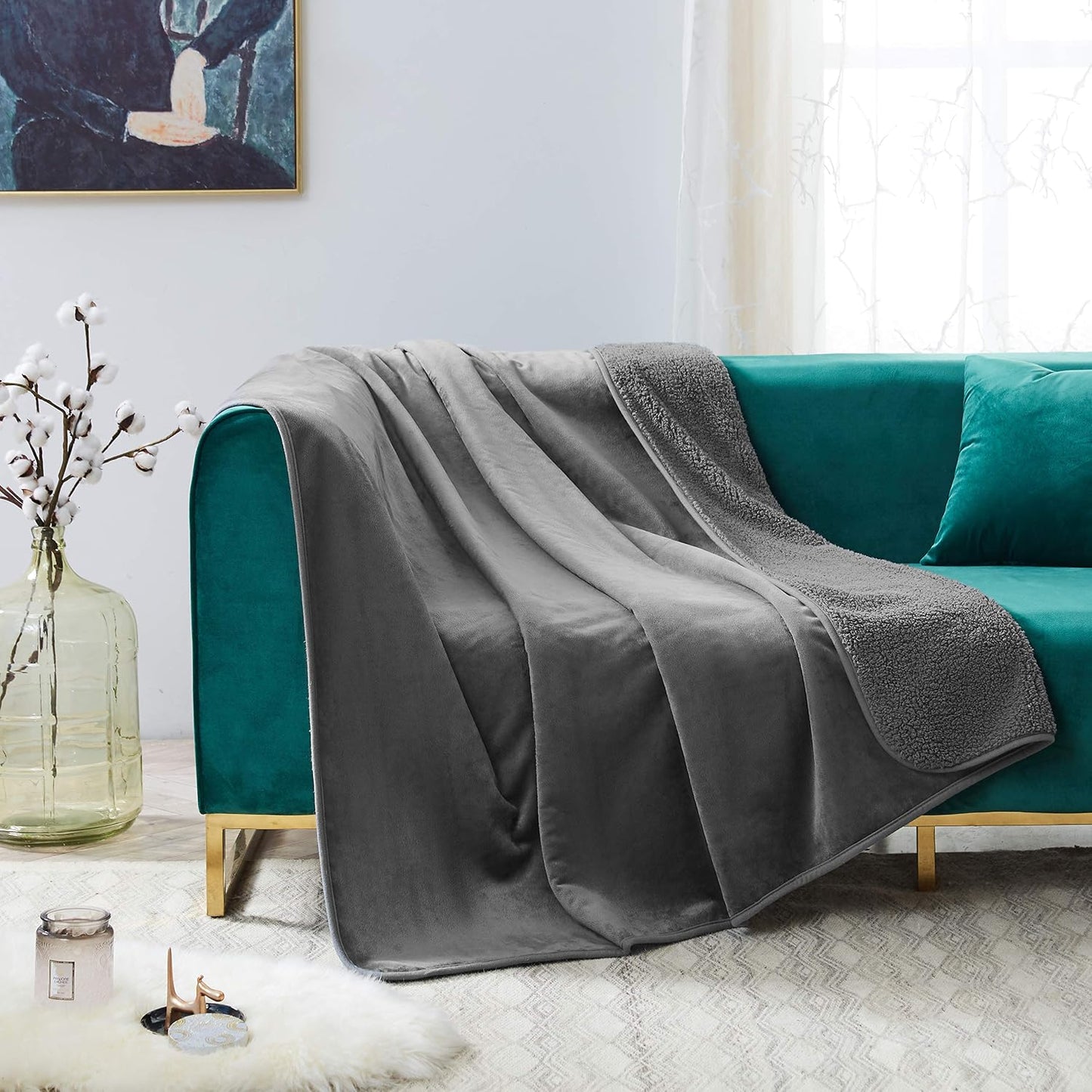 CHEE RAY Waterproof Dog Blanket 79x59 in, Soft Pet Pee Proof Throws for Couch Sofa Bed, Travel Blanket Reversible Plush Protector Cover for Small/Medium/Large Dogs Puppies Cats, Light Grey+White