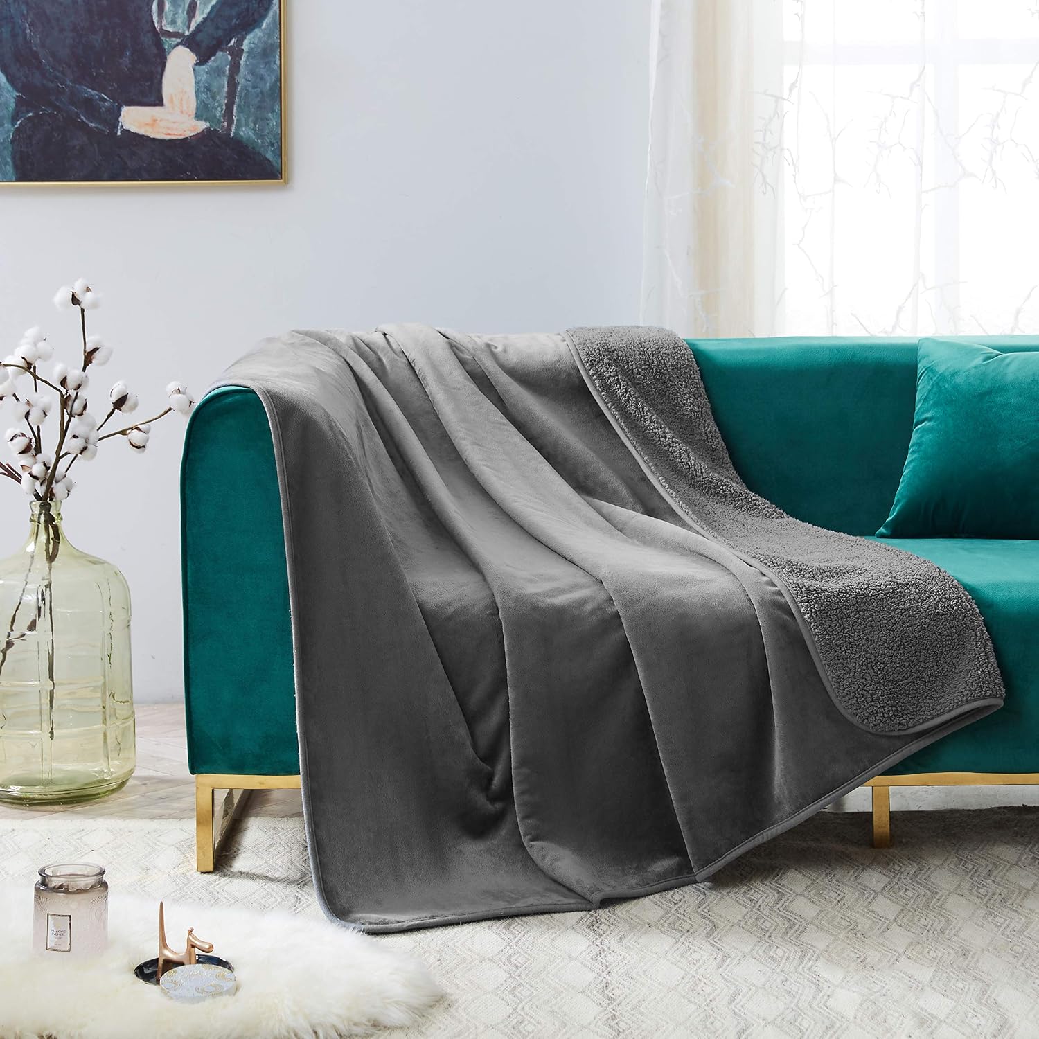 CHEE RAY Waterproof Dog Blanket 79x59 in, Soft Pet Pee Proof Throws for Couch Sofa Bed, Travel Blanket Reversible Plush Protector Cover for Small/Medium/Large Dogs Puppies Cats, Light Grey+White