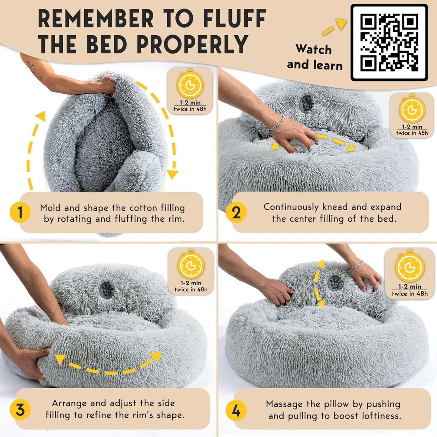PetJett Calming Dog Beds Large Sized Dog - Round Bed, Anti-Slip & Washable Super Soft Donut Bed, Fluffy Faux Fur Anti-Anxiety Premium Comfort Pet Bed, Fits Dogs - Bright Grey