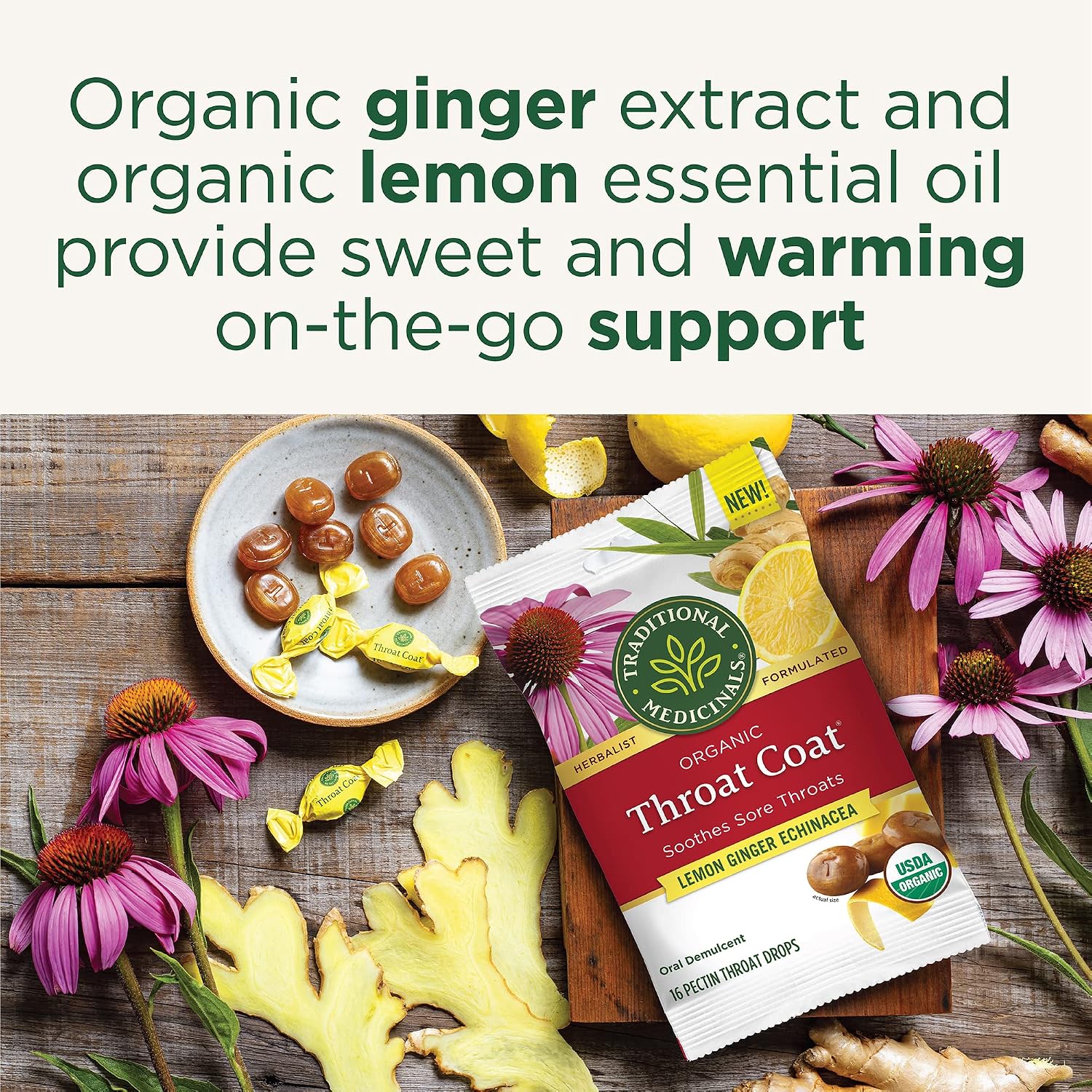 Traditional Medicinals Organic, Throat Coat Lozenges, Lemon Ginger Echinacea - Herbal Cough Drops, Helps Soothe Sore Throat - Non-GMO, Stimulant-Free - 16 Count