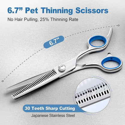 Titanium Coated Professional 6-in-1 Stainless Steel Dog Grooming Scissors Set with Safety Round Tip - Heavy Duty Grooming Tool for Dogs, Cats, and More