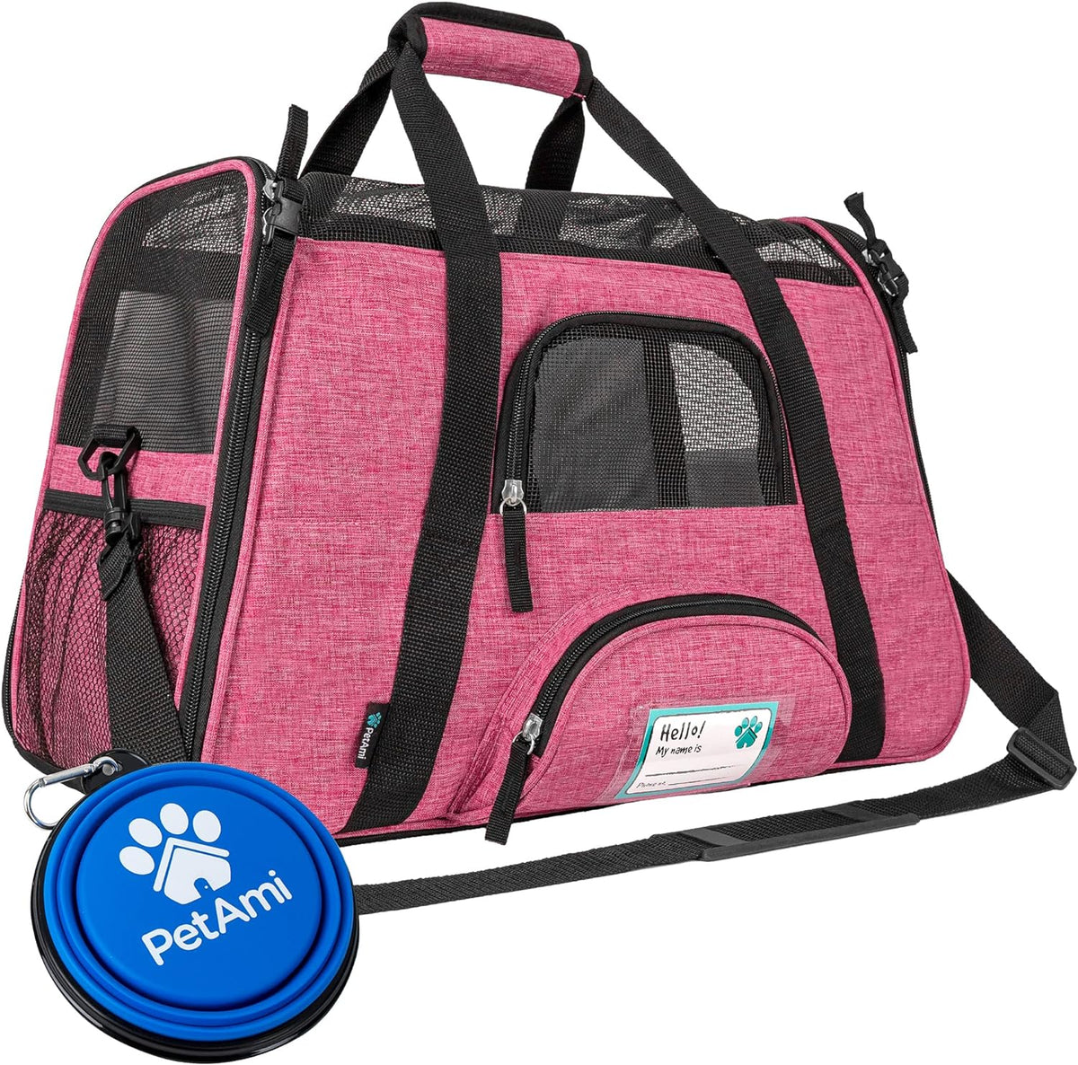 PetAmi Airline Approved Pet Carrier for Cats & Small Dogs, Soft Sided TSA Travel Carrier Bag Sherpa Bed, Breathable Mesh Ventilation, Collapsible Bowl, Fit Under Seat, Up to 18 lbs, Large Heather Pink