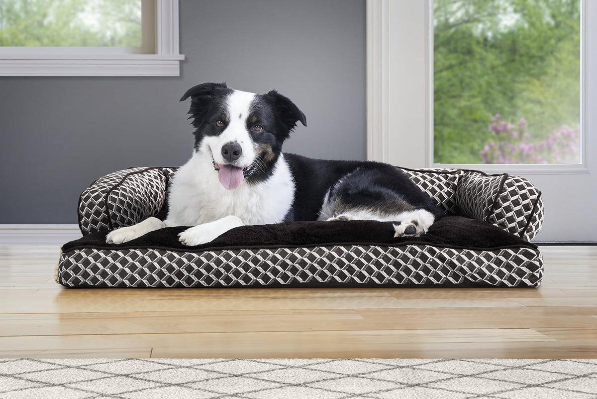 Furhaven Pillow Dog Bed for Large/Medium Dogs w/ Removable Bolsters & Washable Cover - Plush & Woven Decor Comfy Couch Sofa - Diamond Brown, Large