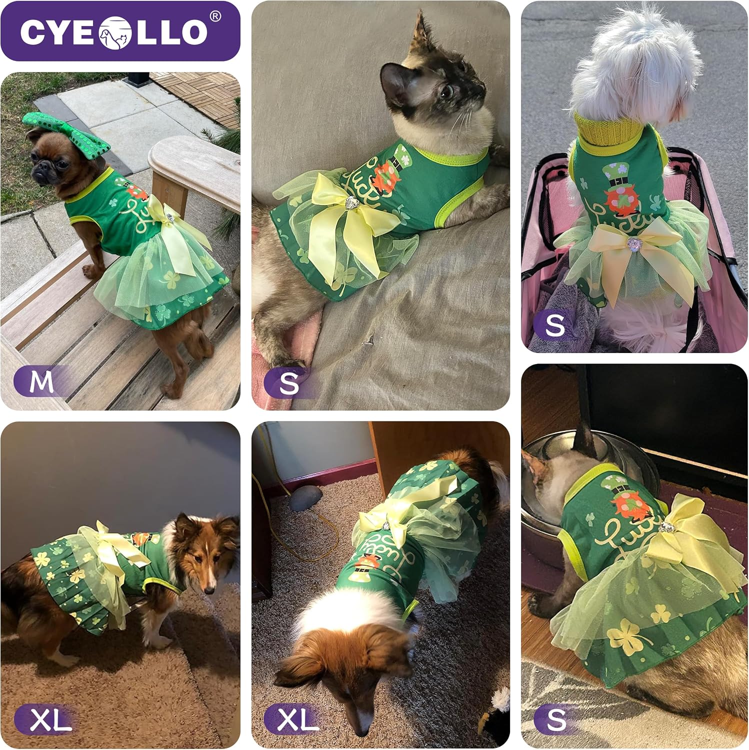 cyeollo St. Patrick's Day Dog Dress Lucky Shamrock Dog Tulle Skirt with Bowtie for Small Dogs Puppy