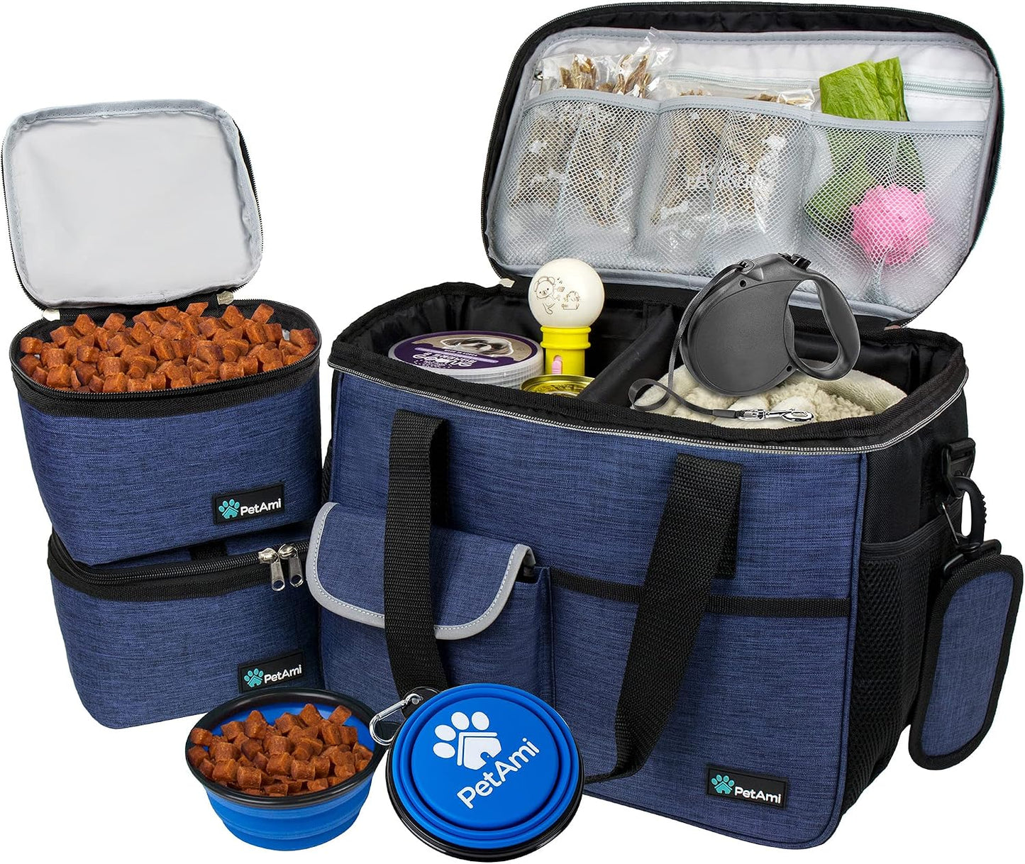 PetAmi Dog Travel Bag Organizer, Pet Travel Kit with 2 Food Containers & 2 Collapsible Dog Bowls, Pet Supplies Tote with Luggage Sleeve, Weekend Road Trip Camping Essentials, Navy Blue, Medium