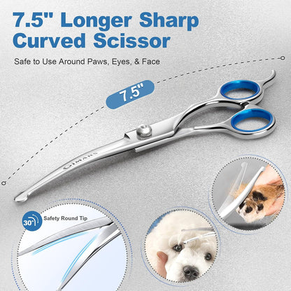 Titanium Coated Professional 6-in-1 Stainless Steel Dog Grooming Scissors Set with Safety Round Tip - Heavy Duty Grooming Tool for Dogs, Cats, and More