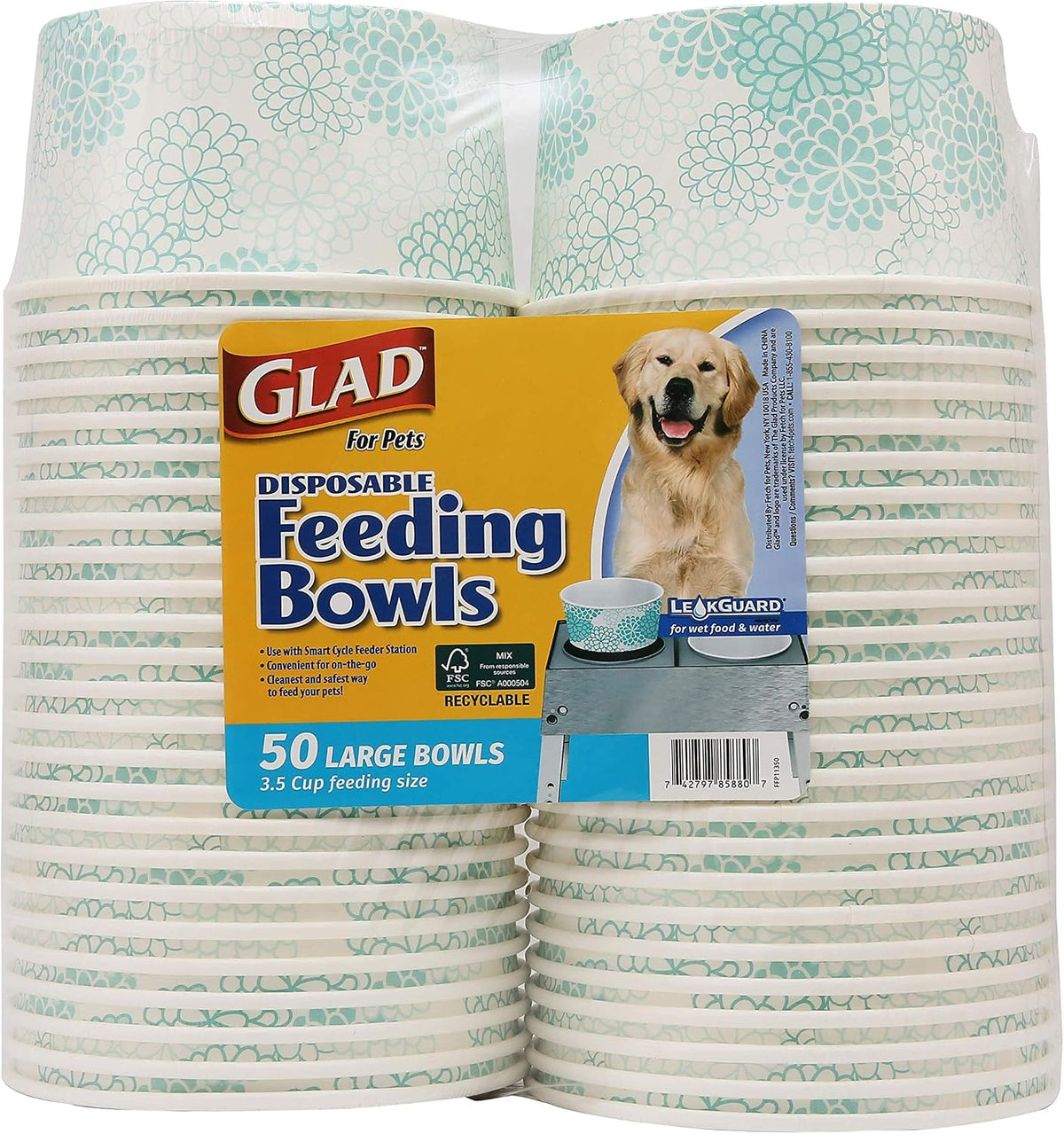 Glad for Pets Disposable Feeding Bowls | Large Dog Bowls in Teal Pattern | 3.5 Cup Feeding Size, 50 Count - Dog Bowls are Great for Dry and Wet Dog Food or Water (FF11350)