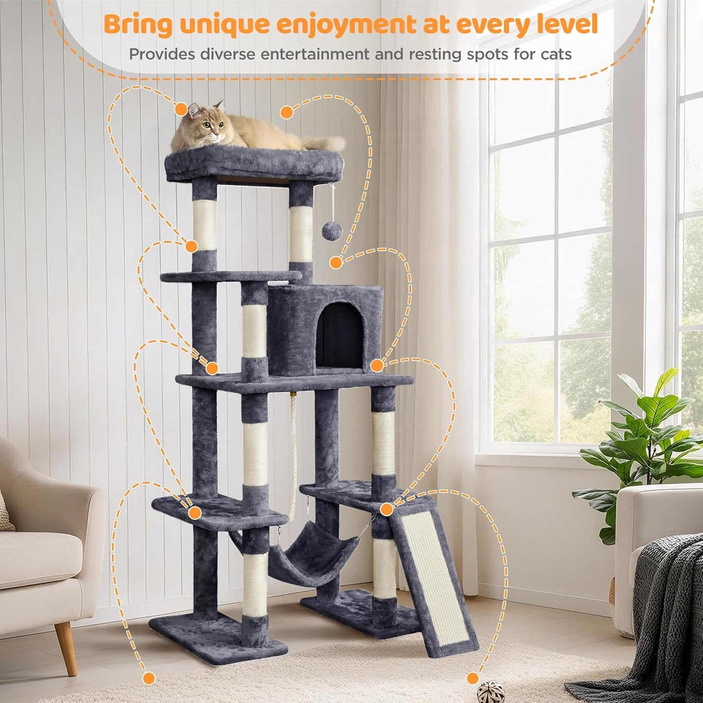 Yaheetech 54in Cat Tree Tower, Multi-Level Pet Stand Furniture with Hammock Scratching Posts Condo Extended Platform for Indoor Cats Large to Play and Sleep