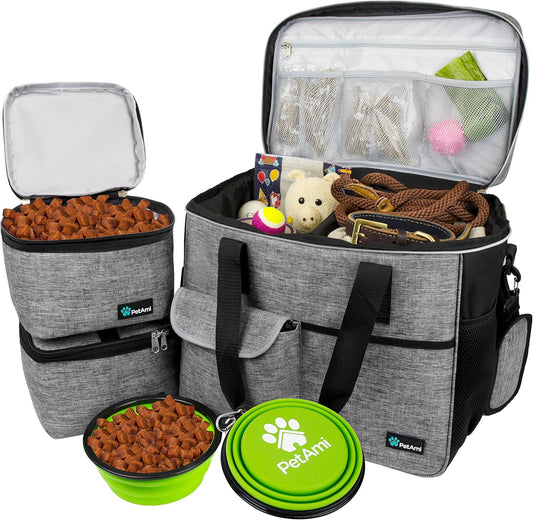 PetAmi Dog Travel Bag Organizer, Pet Travel Kit with 2 Food Containers & 2 Collapsible Dog Bowls, Pet Supplies Tote with Luggage Sleeve, Weekend Road Trip Camping Essentials, Gray, Large
