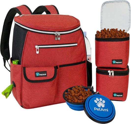 PetAmi Dog Travel Bag Backpack, 27L Airline Approved Pet Supplies Organizer with 2 Food Containers, 2 Collapsible Bowls & Poop Bag Dispenser, Weekend Road Trip Camping Dog Mom Gift, Red