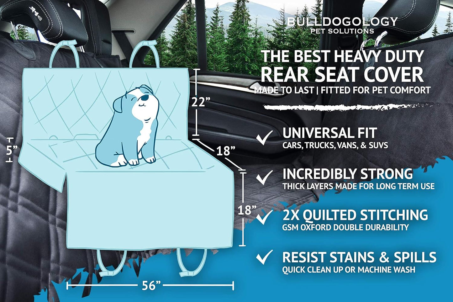 Bulldogology Dog Car Seat Cover For Back Seat - Waterproof Dog Car Seat Cover SUV - Car Seat Cover for Dogs - Back Seat Protector for Dog - Dog Hammock for Car, Dog Seat Cover For Truck (Large, Black)