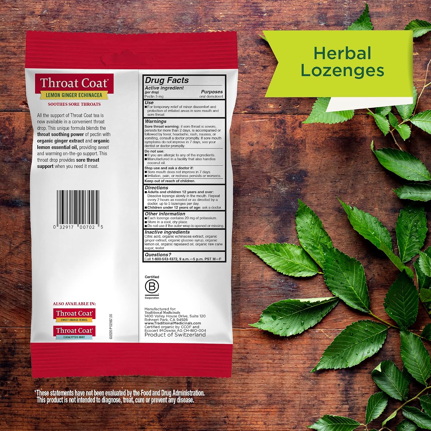 Traditional Medicinals Organic, Throat Coat Lozenges, Lemon Ginger Echinacea - Herbal Cough Drops, Helps Soothe Sore Throat - Non-GMO, Stimulant-Free - 16 Count