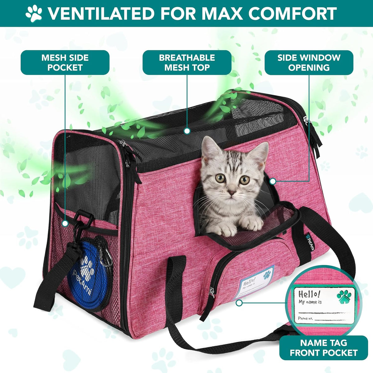 PetAmi Airline Approved Pet Carrier for Cats & Small Dogs, Soft Sided TSA Travel Carrier Bag Sherpa Bed, Breathable Mesh Ventilation, Collapsible Bowl, Fit Under Seat, Up to 18 lbs, Large Heather Pink