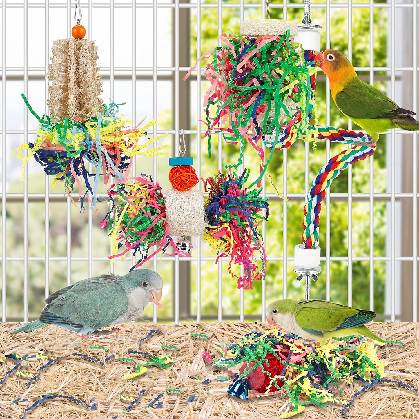 Bird Shredding Foraging Toys Parakeet Toy Chewing Hanging Toy Shredded Paper Bird Cage Accessories Bird Rope Perch for Conure Cockatiel Budgies Lovebird Parrotlet
