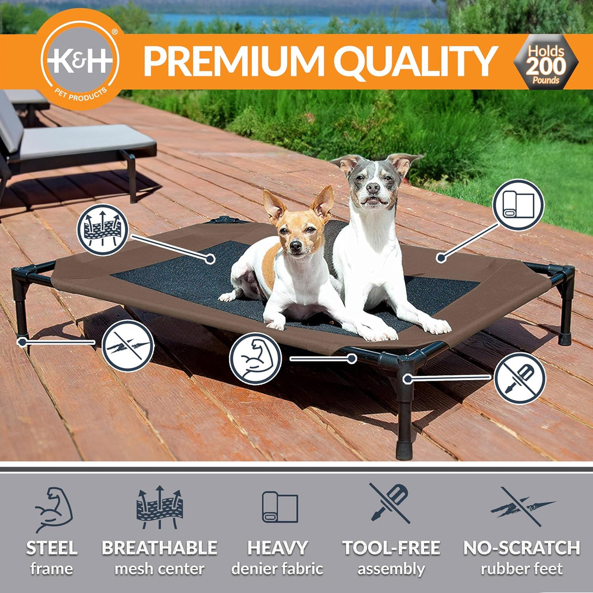 K&H Outdoor Elevated Dog Bed - Cooling Raised Dog Bed for Medium & Large Pets, Breathable Mesh Center Hammock Design, Indoor/Outdoor Washable Cover, Portable Metal Frame, Chocolate, Large 42x30in