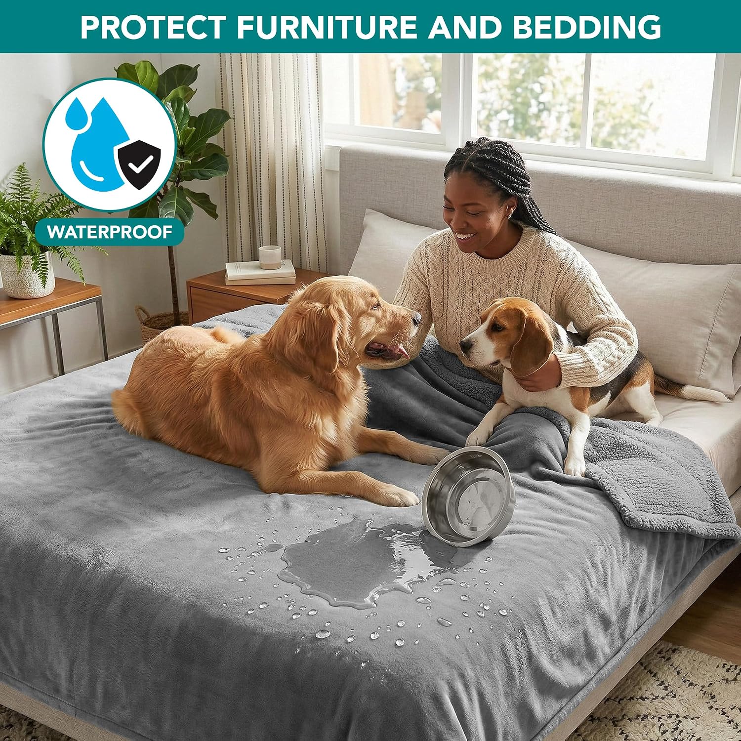 PetAmi Waterproof Dog Blanket for Couch, Queen 90x90, Pee Proof Sherpa Fleece Reversible Pet Throw, Furniture Protector for Bed Sofa, Soft Washable Cover for Large Dogs Cats, Light Grey