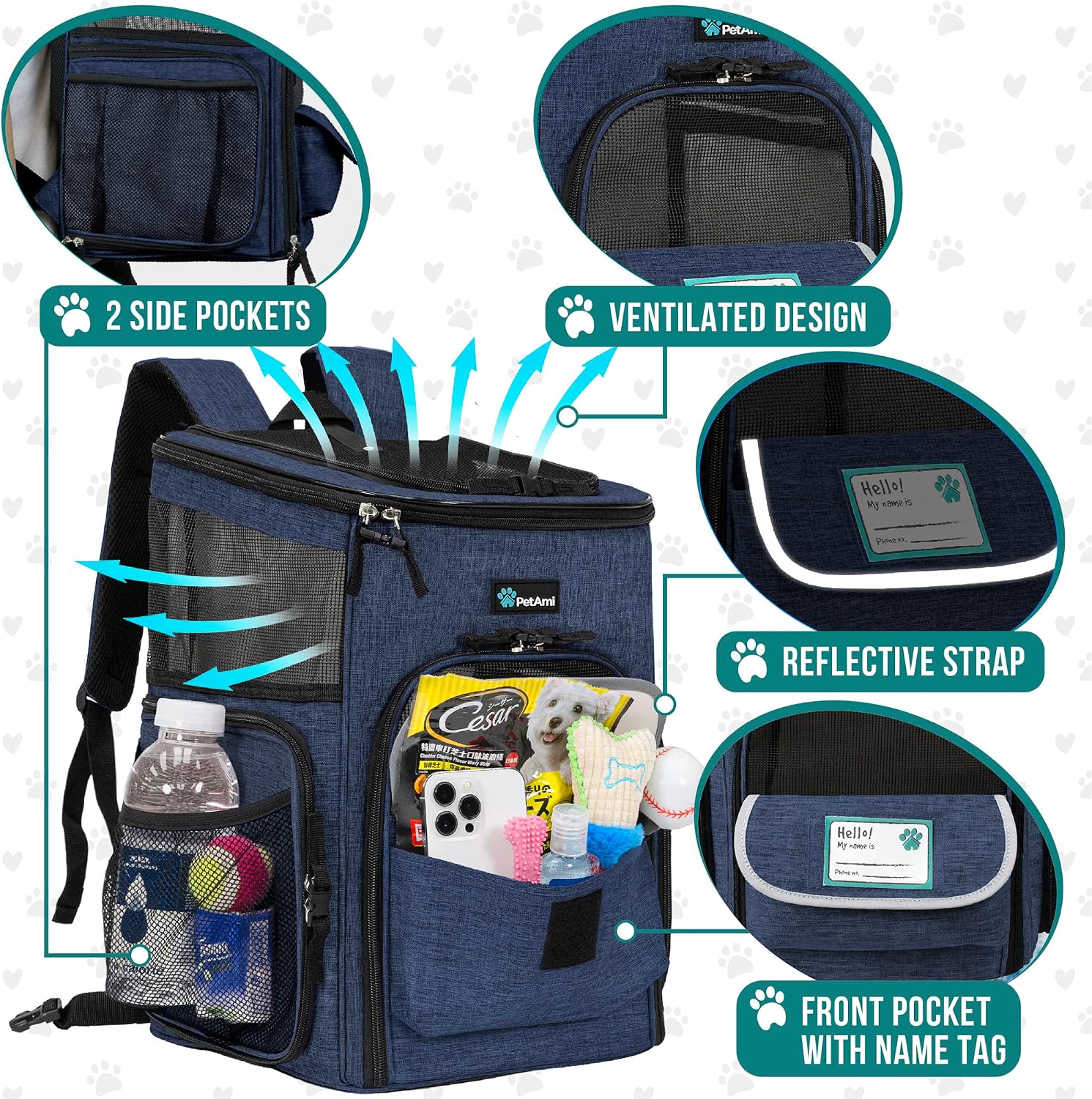 PetAmi Dog Backpack Carrier, Airline Approved 4-Way Entry Cat Backpack Carrier, Ventilated Mesh, Collapsible Pet Carrier for Small Puppy, Kitten, Hiking, Travel Car, Vet, up to 18 lbs, Navy Blue