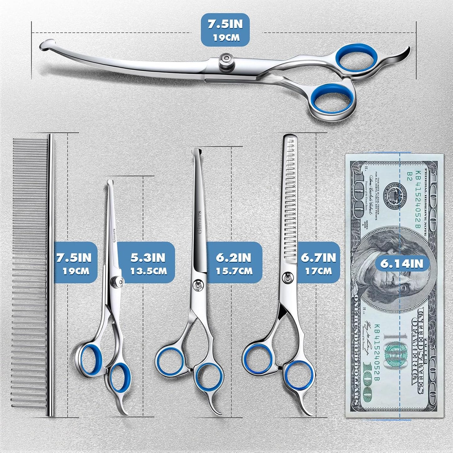 Titanium Coated Professional 6-in-1 Stainless Steel Dog Grooming Scissors Set with Safety Round Tip - Heavy Duty Grooming Tool for Dogs, Cats, and More