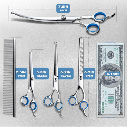Titanium Coated Professional 6-in-1 Stainless Steel Dog Grooming Scissors Set with Safety Round Tip - Heavy Duty Grooming Tool for Dogs, Cats, and More